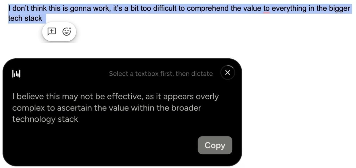 Wispr Flow Command Mode rewriting a casual sentence in a more formal tone