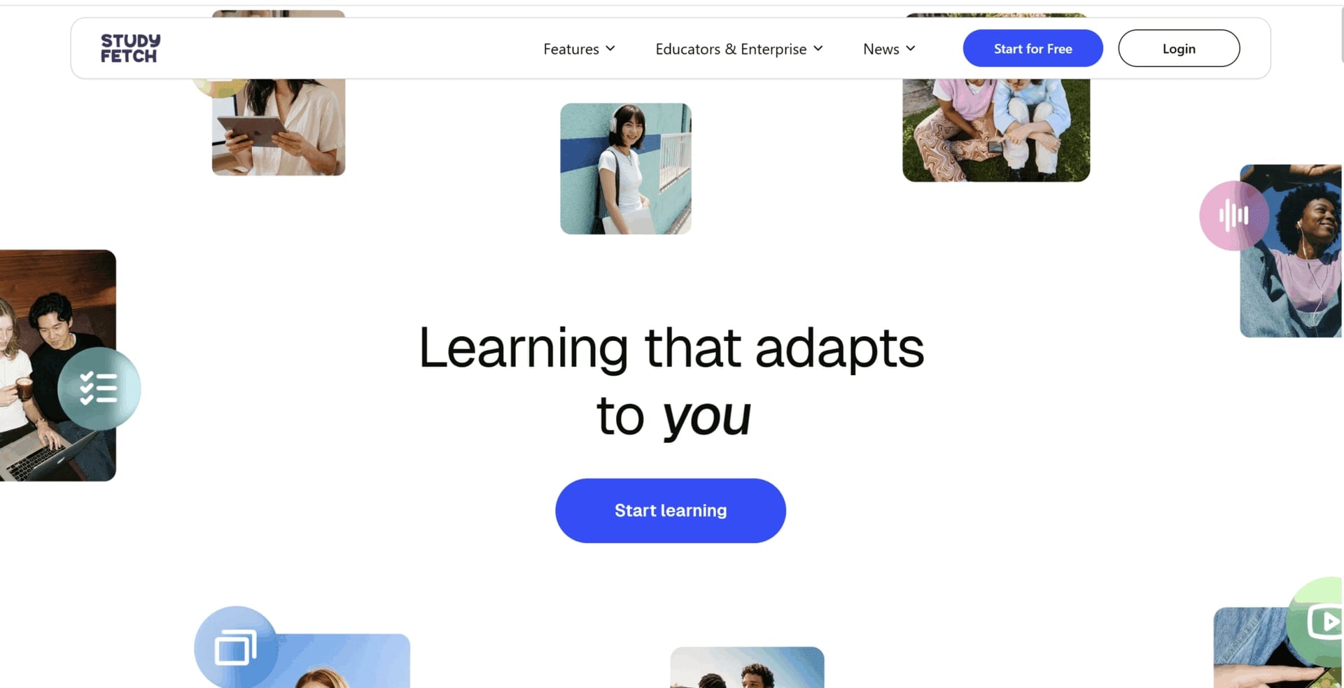 StudyFetch's homepage: "Learning that adapts to you."