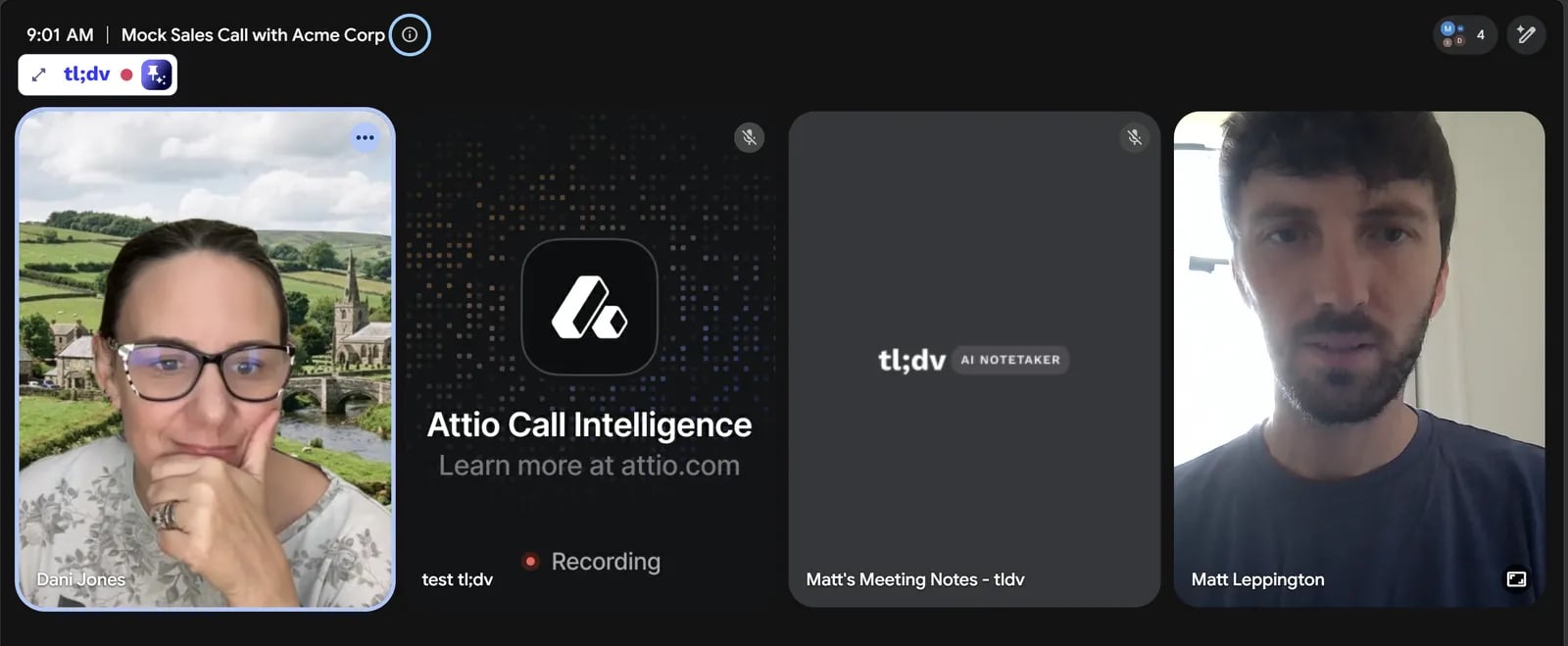 Google Meet call with the Attio call recorder and the tl;dv notetaker both in the meeting.