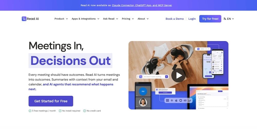 Read AI homepage, October 2026: "Meetings In, Decisions Out"