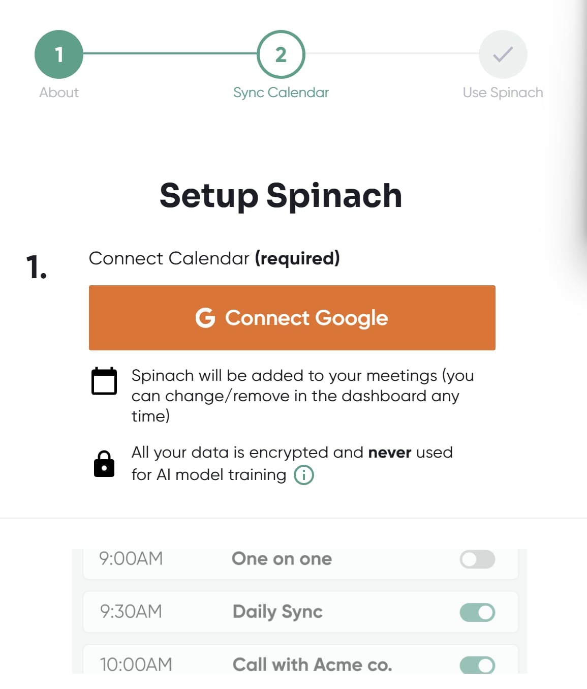 Spinach onboarding: sync calendar.