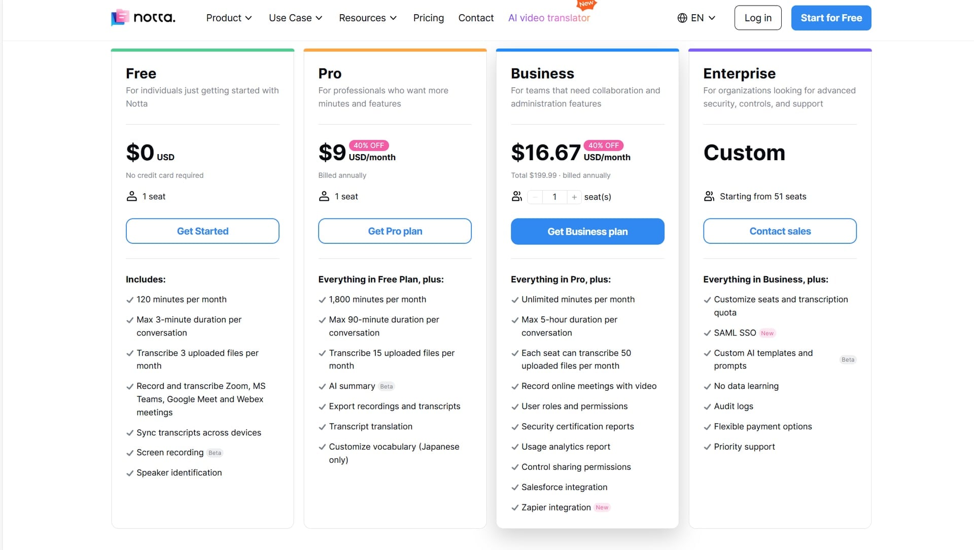 Notta's pricing as of June 2024.