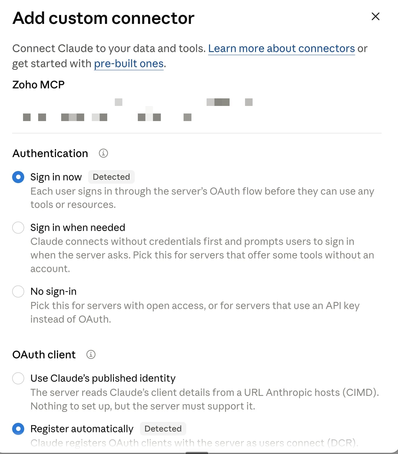 Zoho MCP authentication