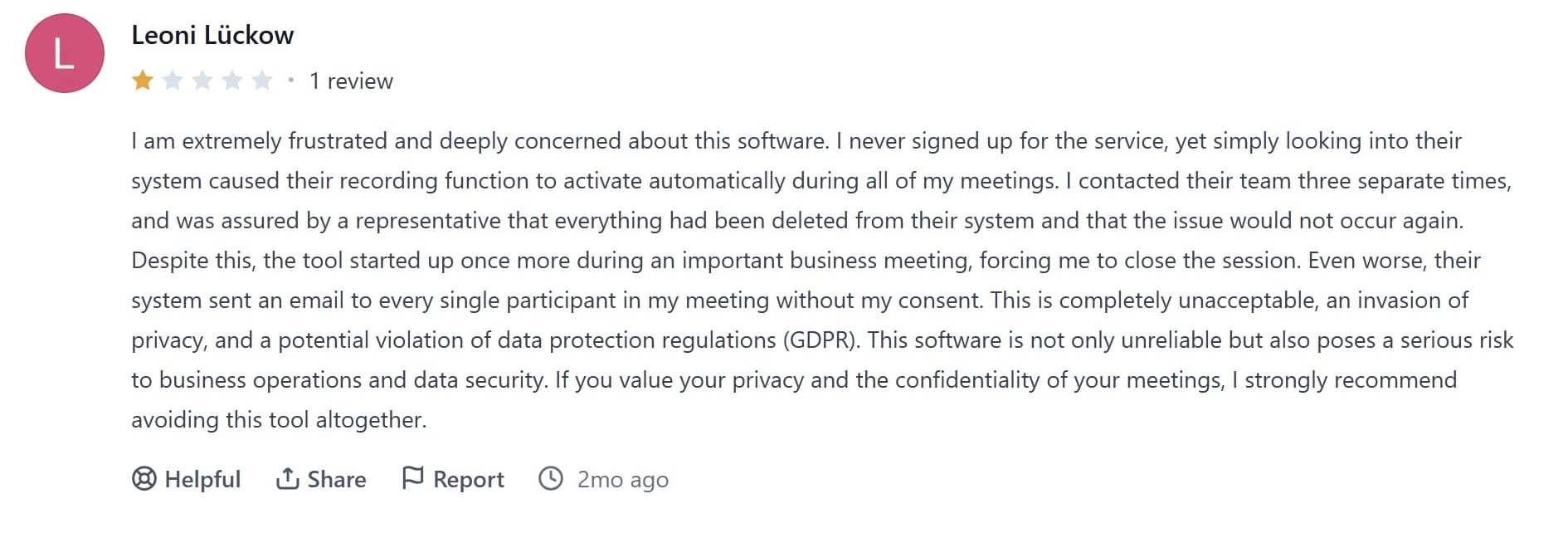 Claap's 1 star review on ProductHunt