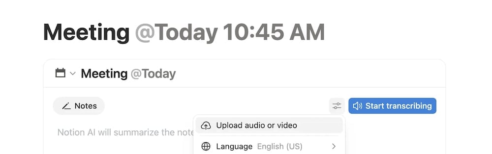 Notion AI Meeting Notes settings menu showing Upload audio or video
