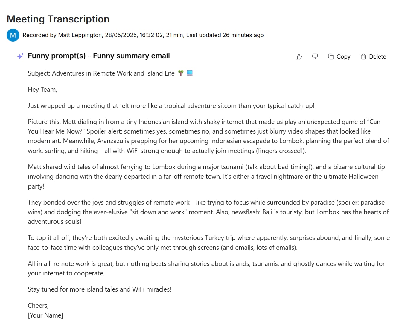 Tactiq's generated "funny email"