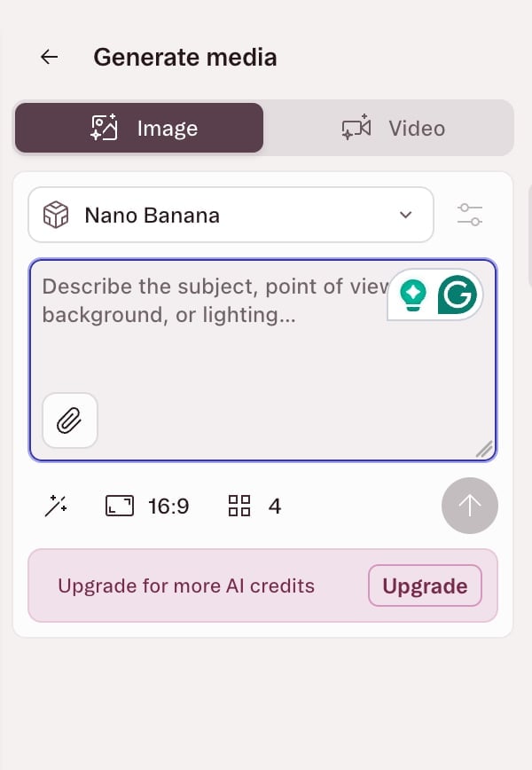 Descript's image generation panel showing the "Upgrade for more AI credits" prompt, which is what you see when the free tier allocation runs out mid-project