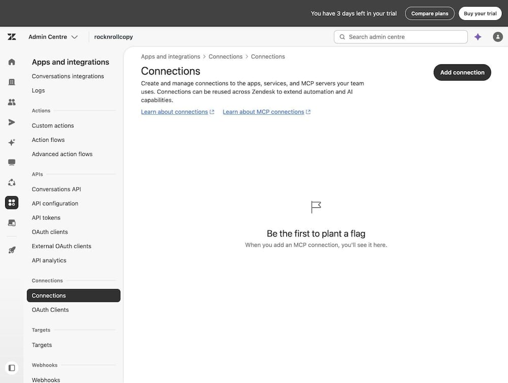 Zendesk Connections screen showing support for MCP server connections