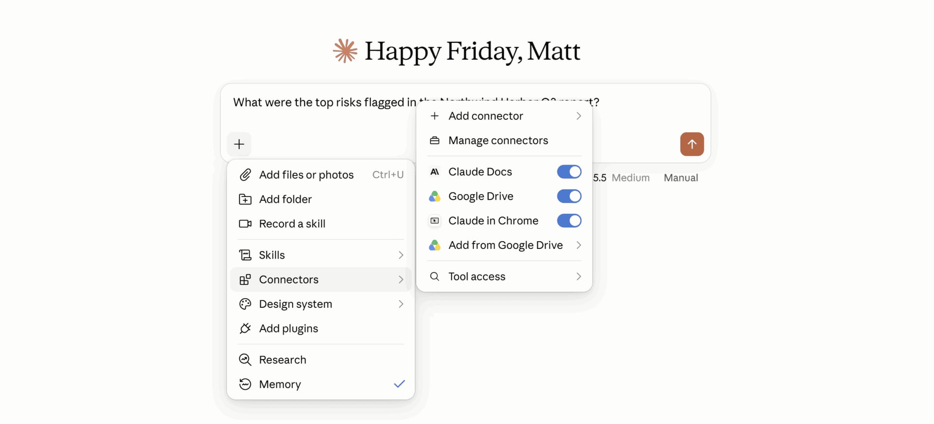 Enabling the Google Drive MCP connector in Claude's connectors menu