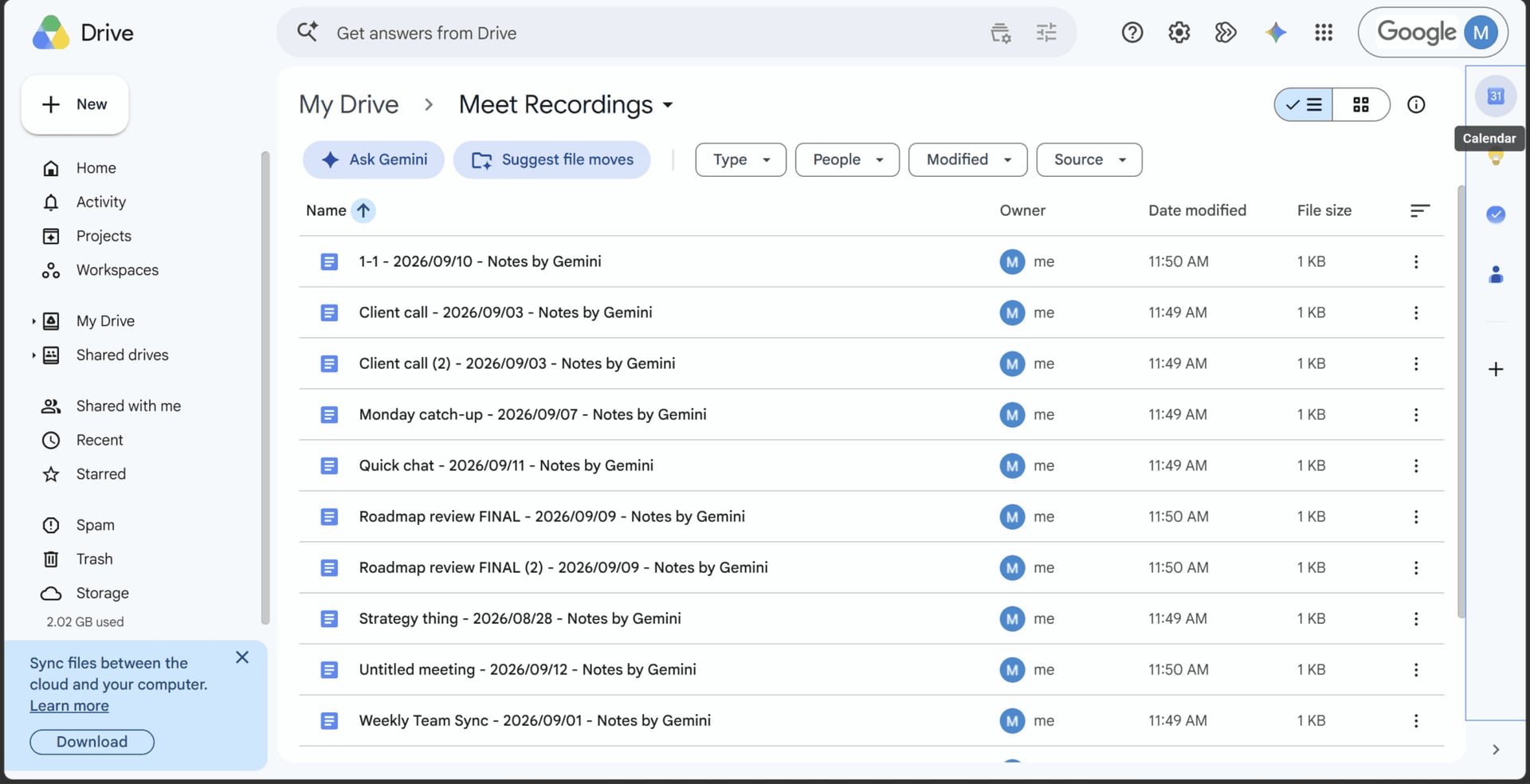 A Google Drive folder cluttered with separate auto-generated meeting-notes docs, illustrating one-doc-per-meeting sprawl