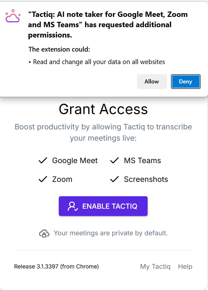 Tactiq's browser extension permission requests