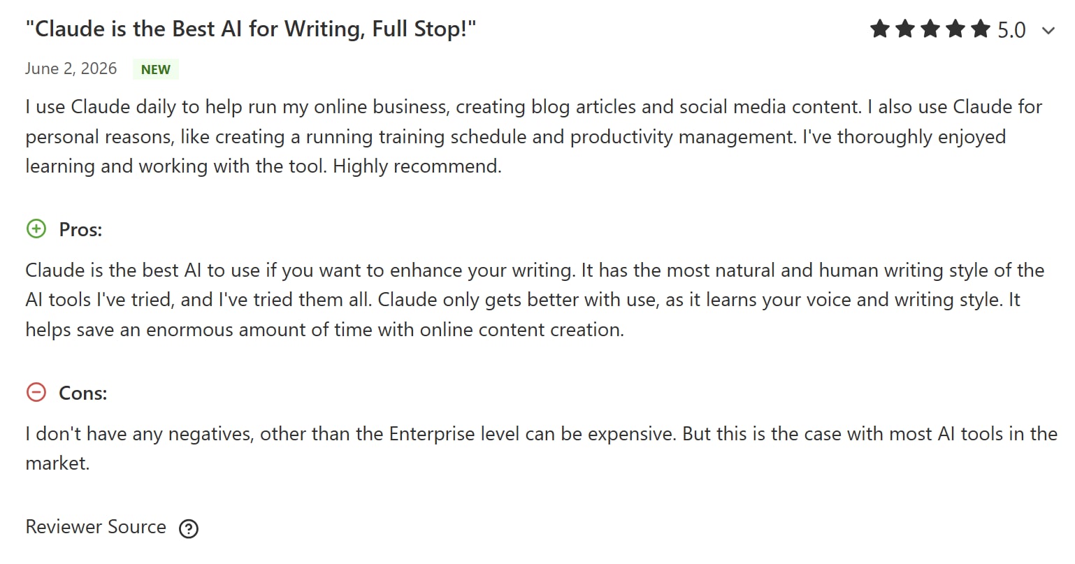 Another 5-star Capterra review that criticises Claude's Enterprise tier pricing