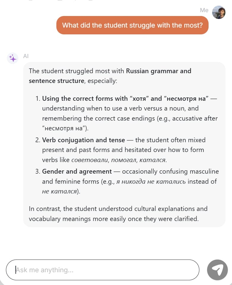 I asked Vomo AI for feedback on my biggest struggles during the lesson.