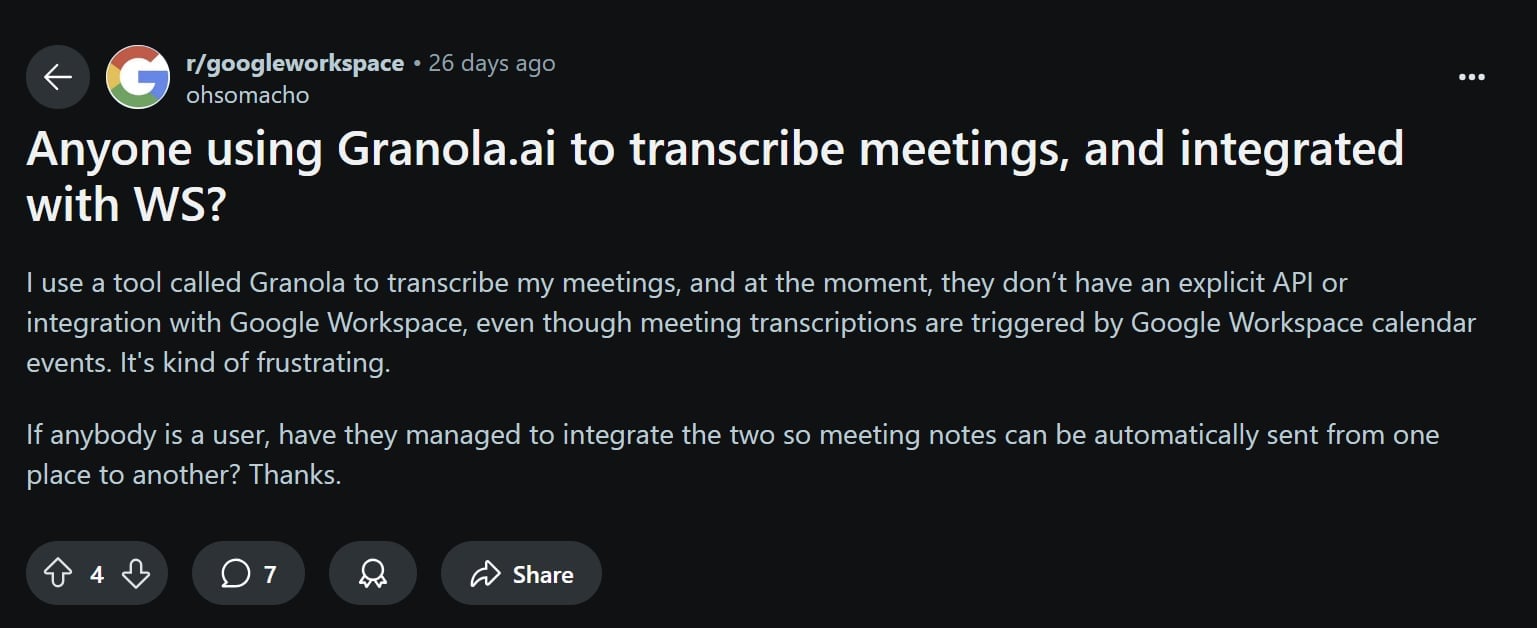 A low-engagement Reddit post about Granola's weak integration