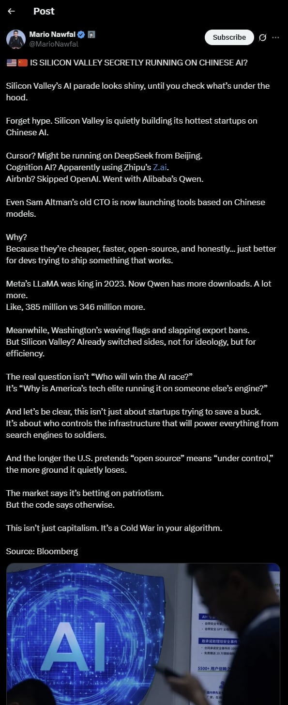 Tweet: Entscheidet sich Silicon Valley für chinesische KI statt für amerikanische?
