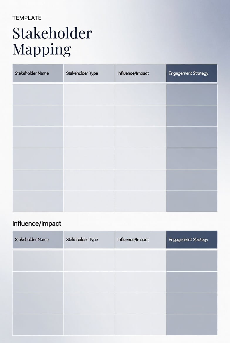 A one-page stakeholder mapping template with grid layout for categorizing stakeholders and strategies.