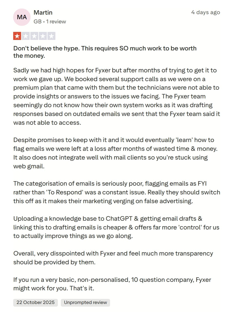 Martin's negative review of Fyxer.ai