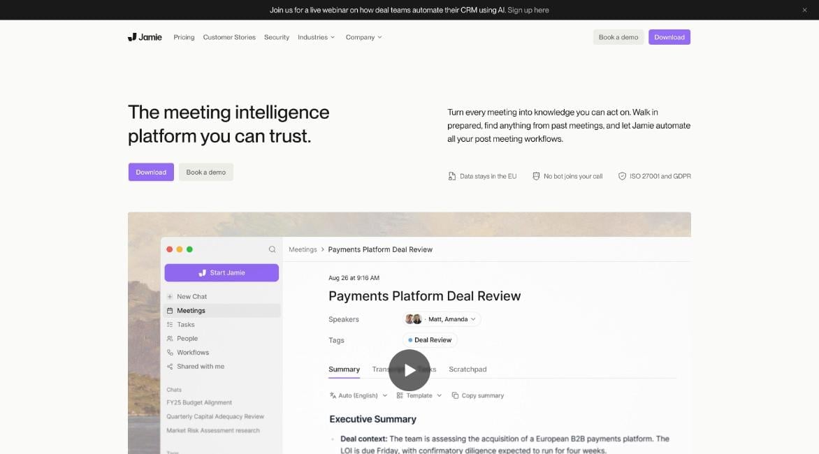 Jamie homepage highlighting EU data storage and no meeting bot