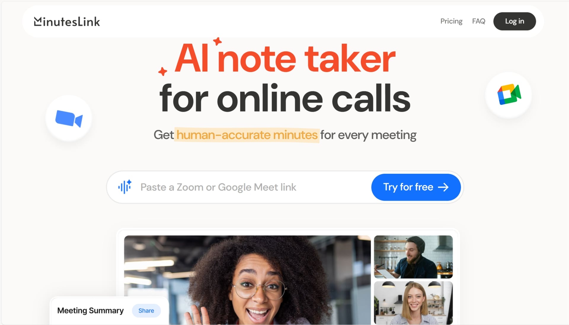 Página principal de MinutesLink: un anotador AI para llamadas online
