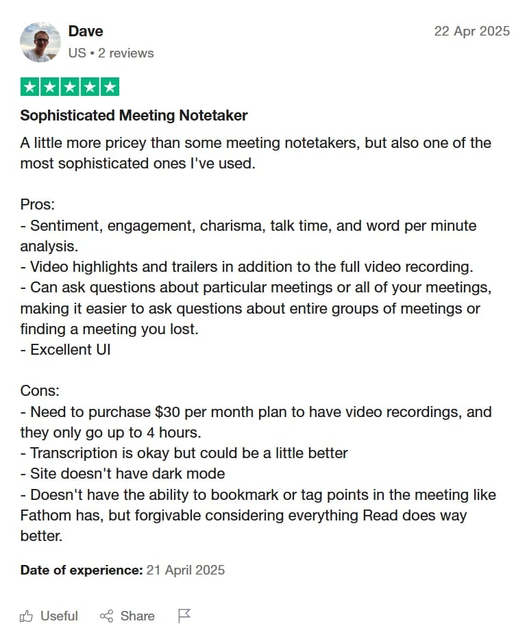 Dave's 5 star Read.ai review