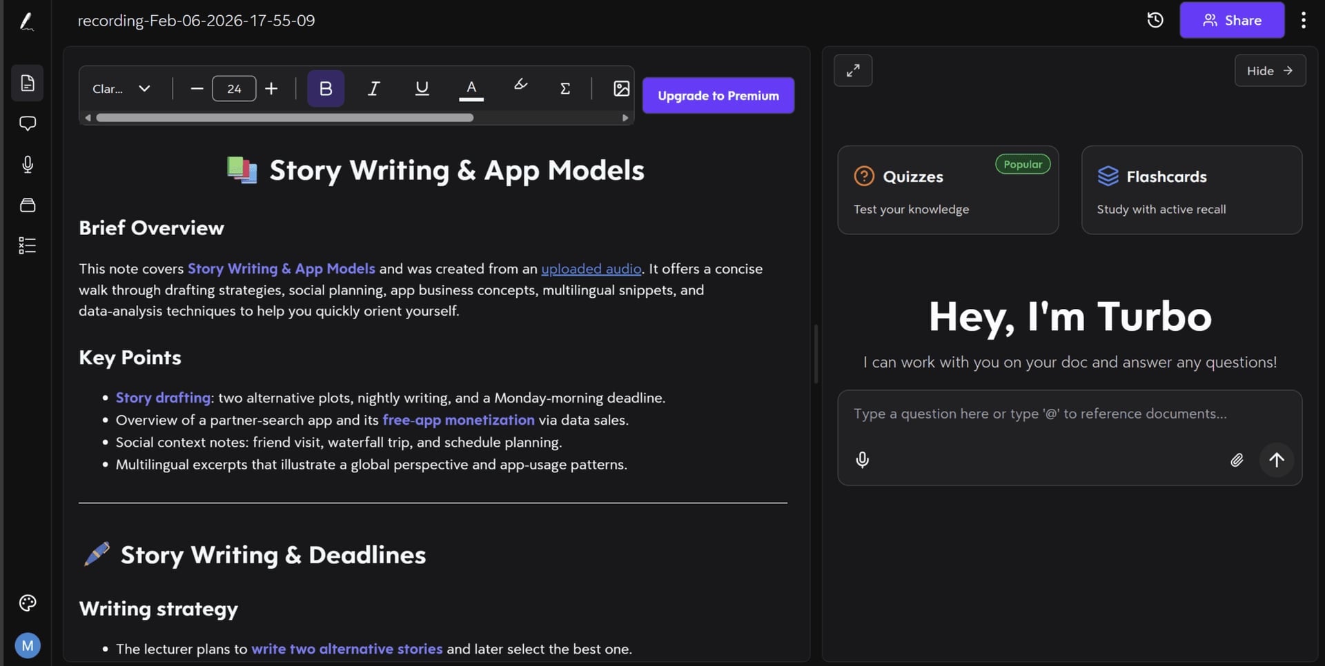 Turbo AI generated notes example with headings, emojis, and color-coded highlights for better readability.