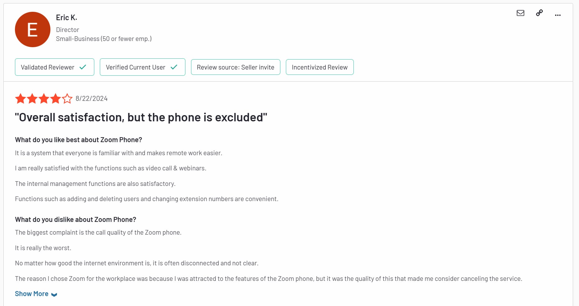 A 4-star review for Zoom Phone on G2