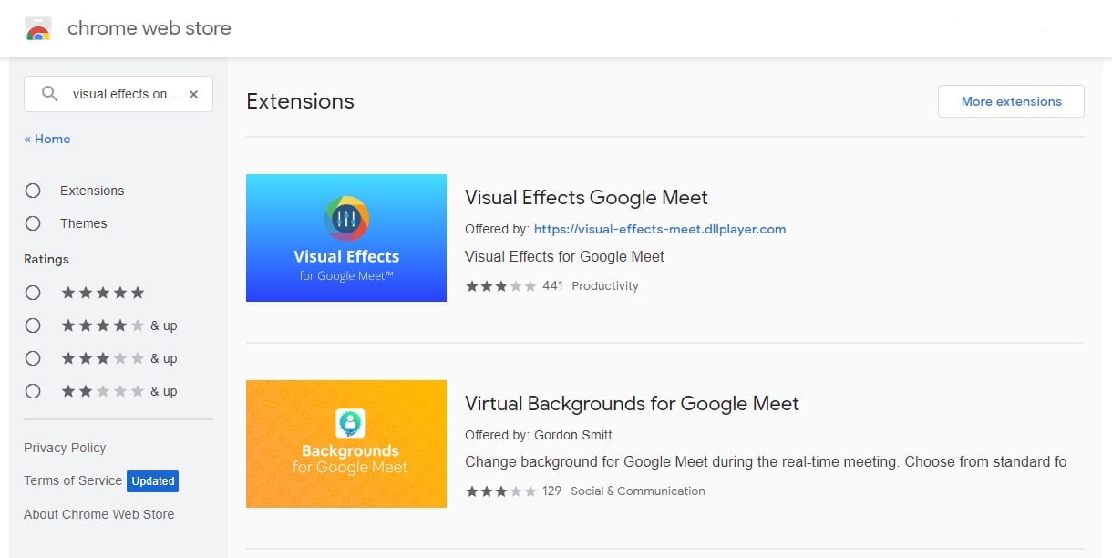 efeitos visuais para google meet extensões do chrome
