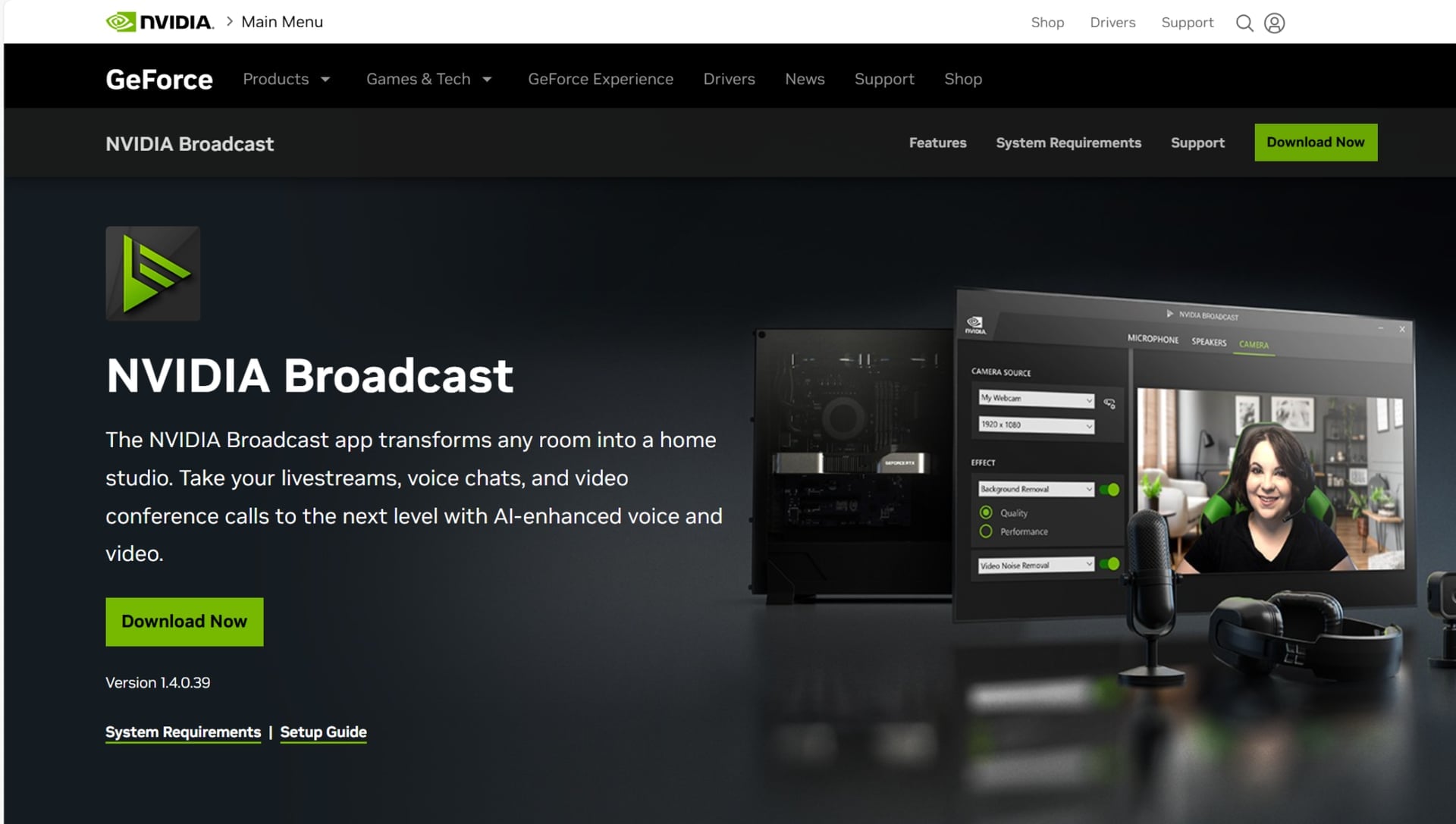 Página de inicio de NVIDIA Broadcast