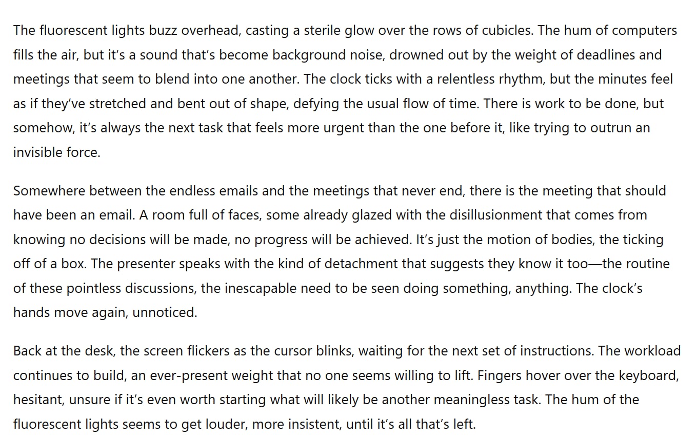 Screenshot of ChatGPT's output for the creative writing test, a short story set in an office.
