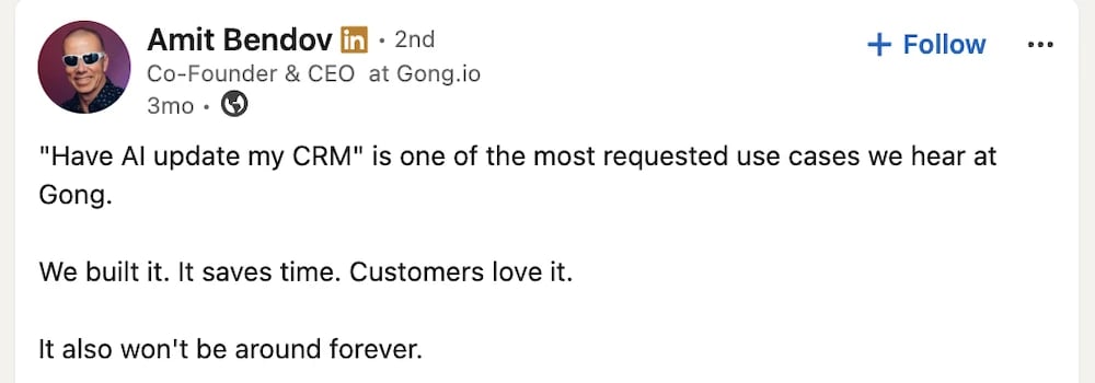 Snippet of Amit Bendov's LinkedIn post from July 2, 2026, arguing that AI updating CRM fields will fade as calls and emails become the system of record