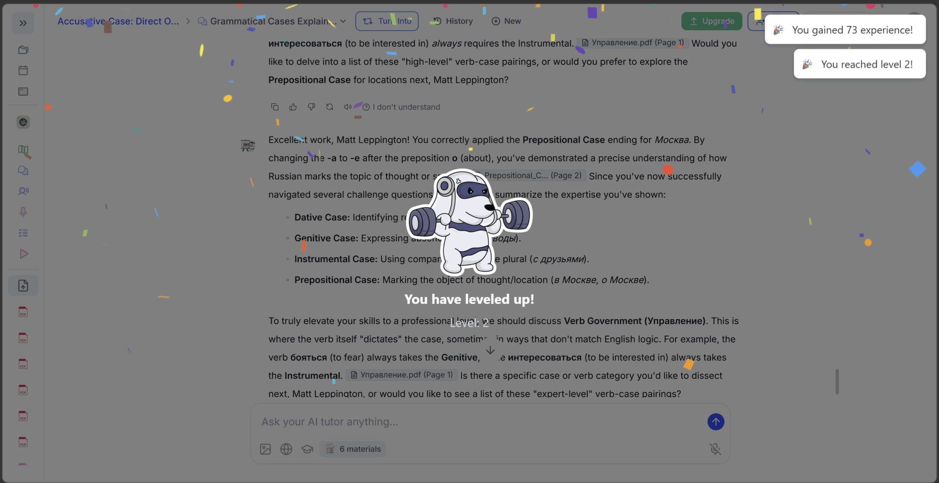 A screenshot of StudyFetch's gamification as I levelled up for studying.