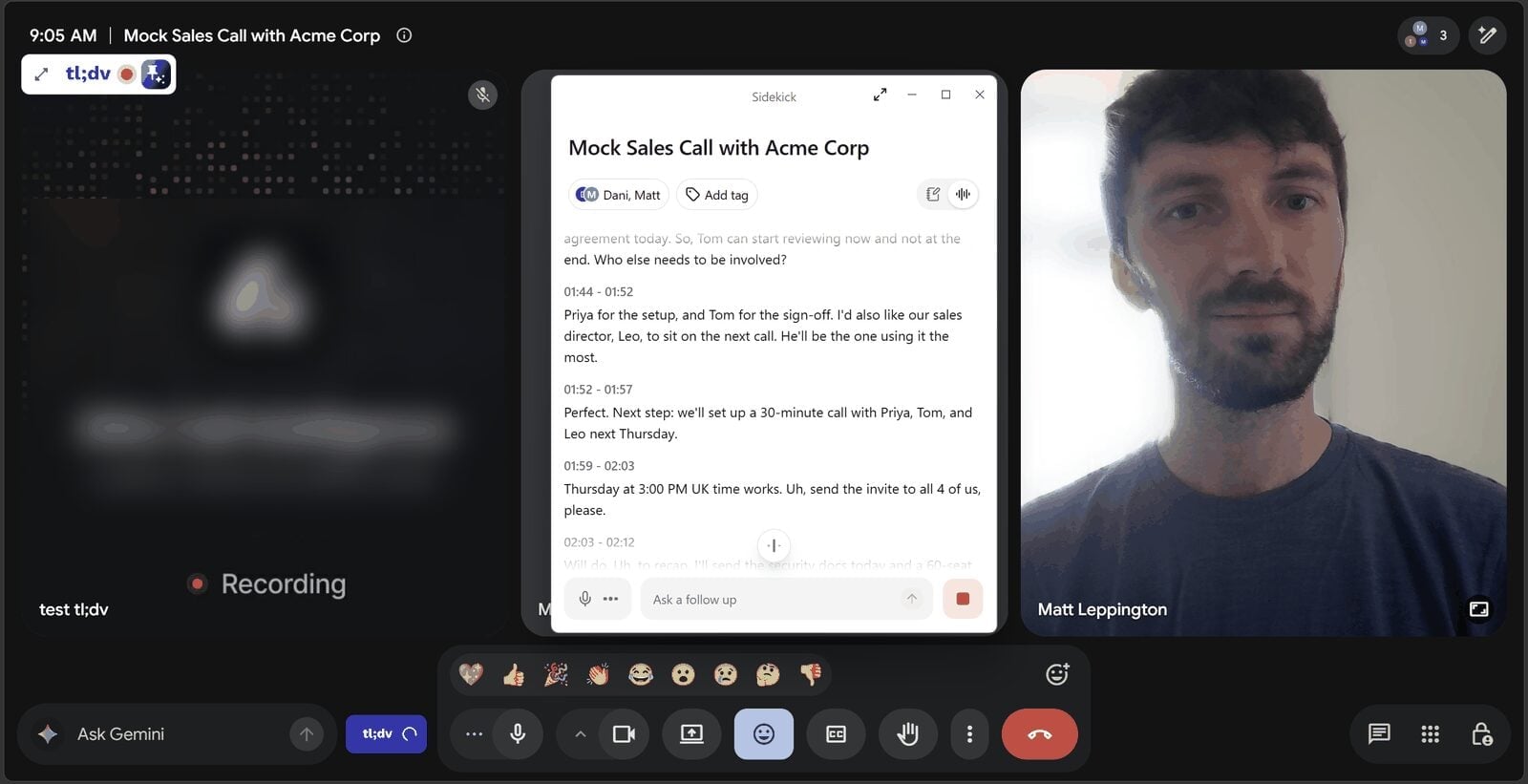 Google Meet call recorded by tl;dv while Jamie's Sidekick window shows a live transcript of the same call