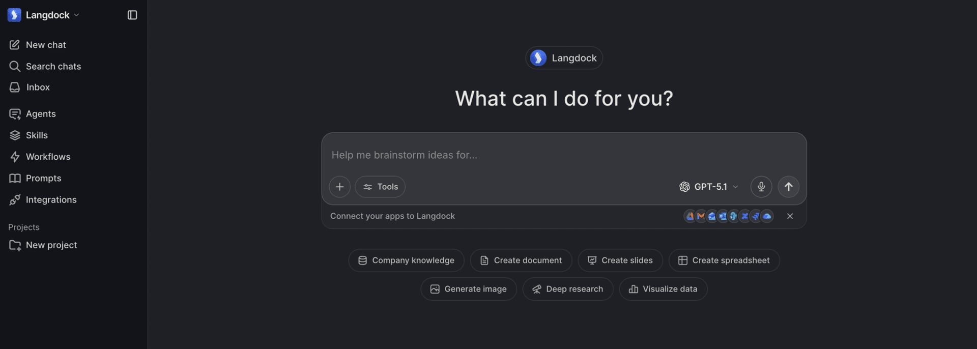 Langdock AI platform enterprise dashboard overview showing main workspace interface