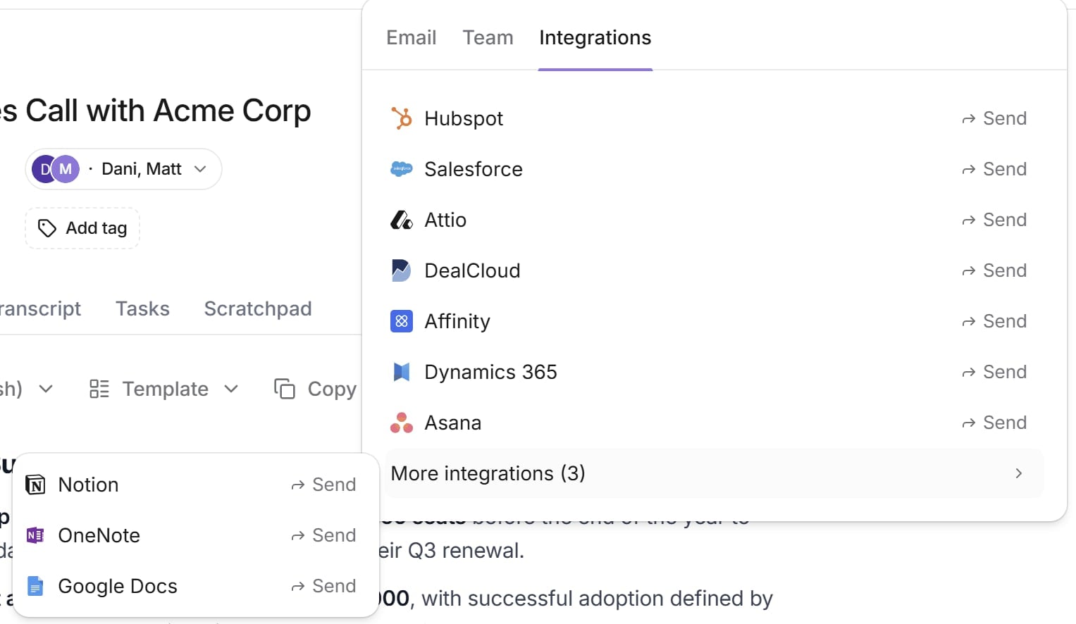 Jamie AI share menu listing HubSpot, Salesforce, Attio, DealCloud, Affinity, Dynamics 365, Asana, Notion, OneNote and Google Docs