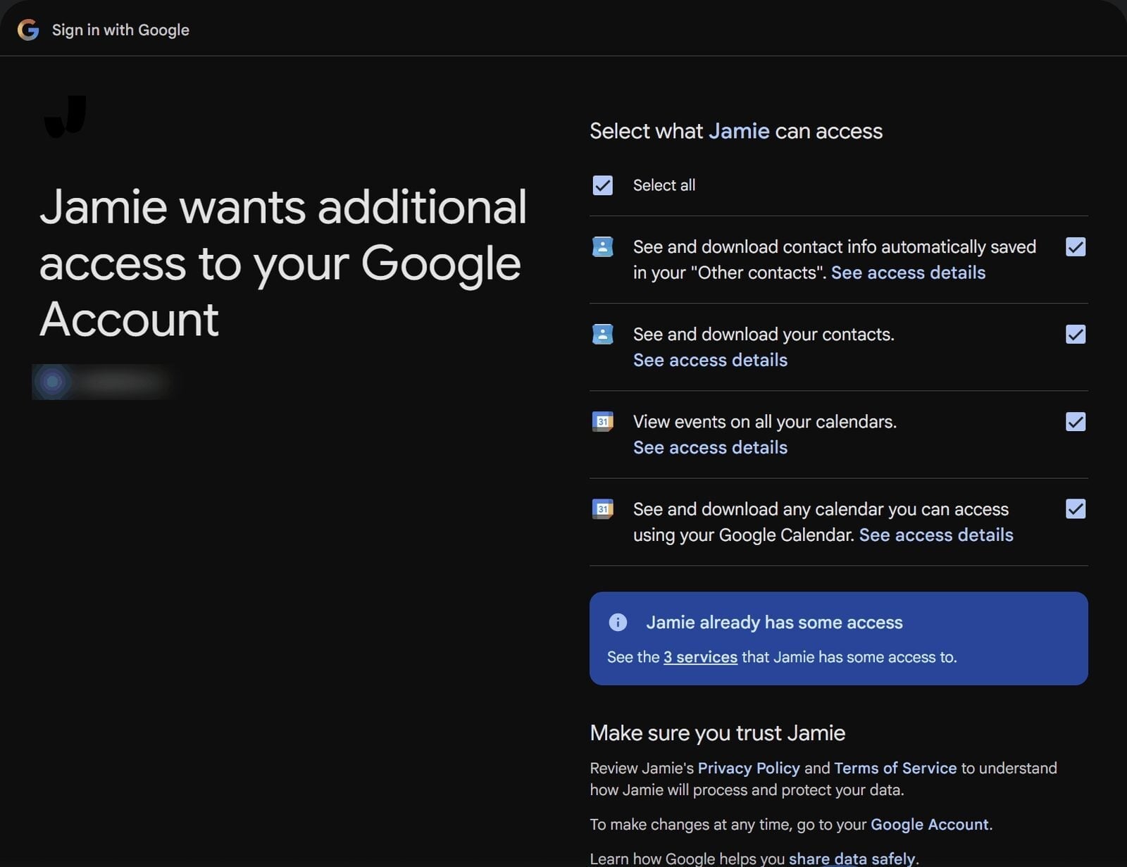 Google sign-in screen asking to give Jamie access to contacts, other contacts and all calendars