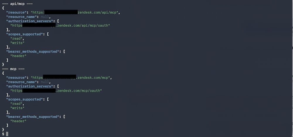 Terminal output showing both Zendesk MCP services returning read and write scopes