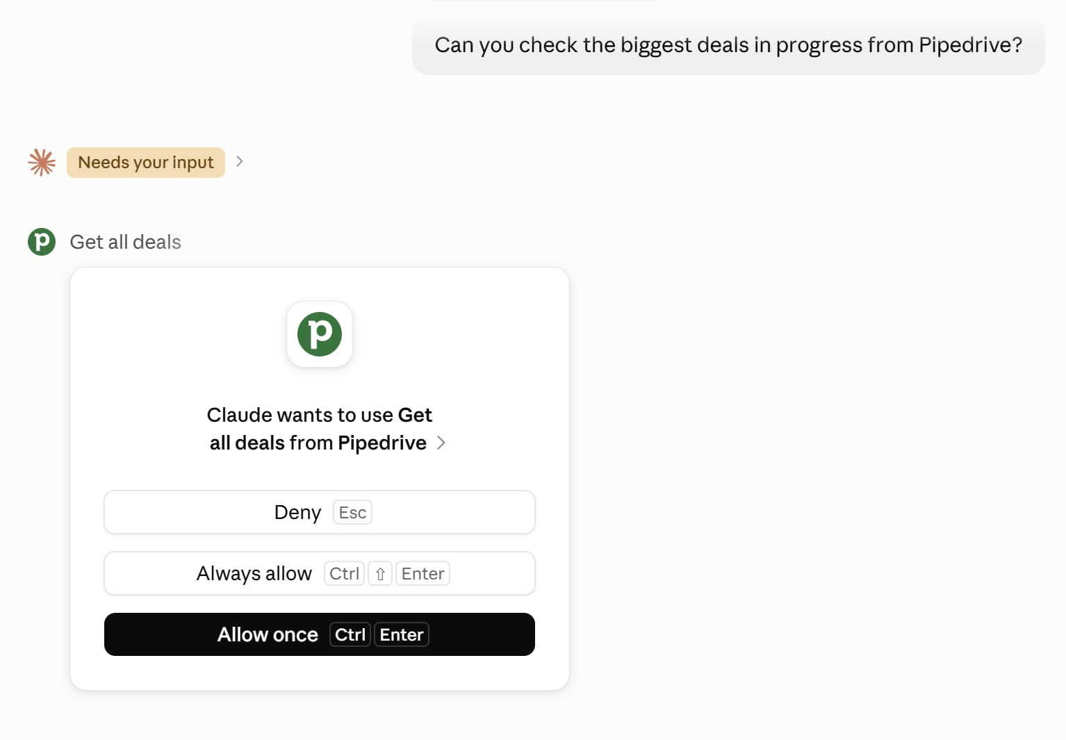 Pipedrive MCP requires confirmation.