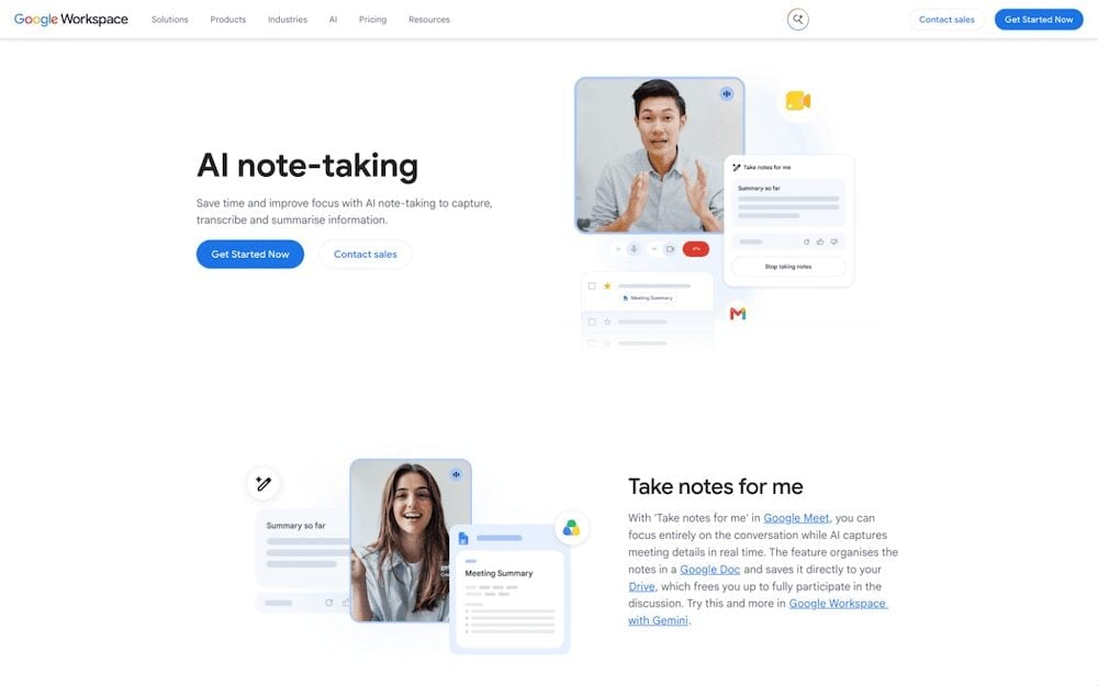 Google Workspace AI note-taking page, October 2026: "AI note-taking"