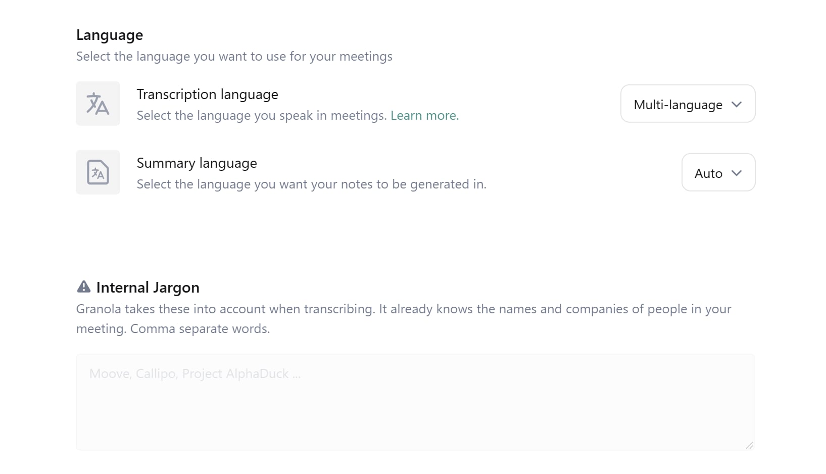 Granola's custom vocabulary feature