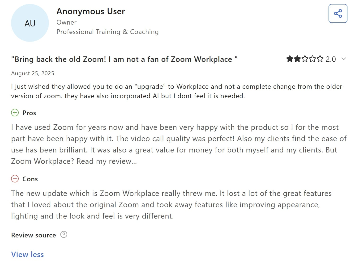 Zoom's AI gets a 2-star review on Capterra.