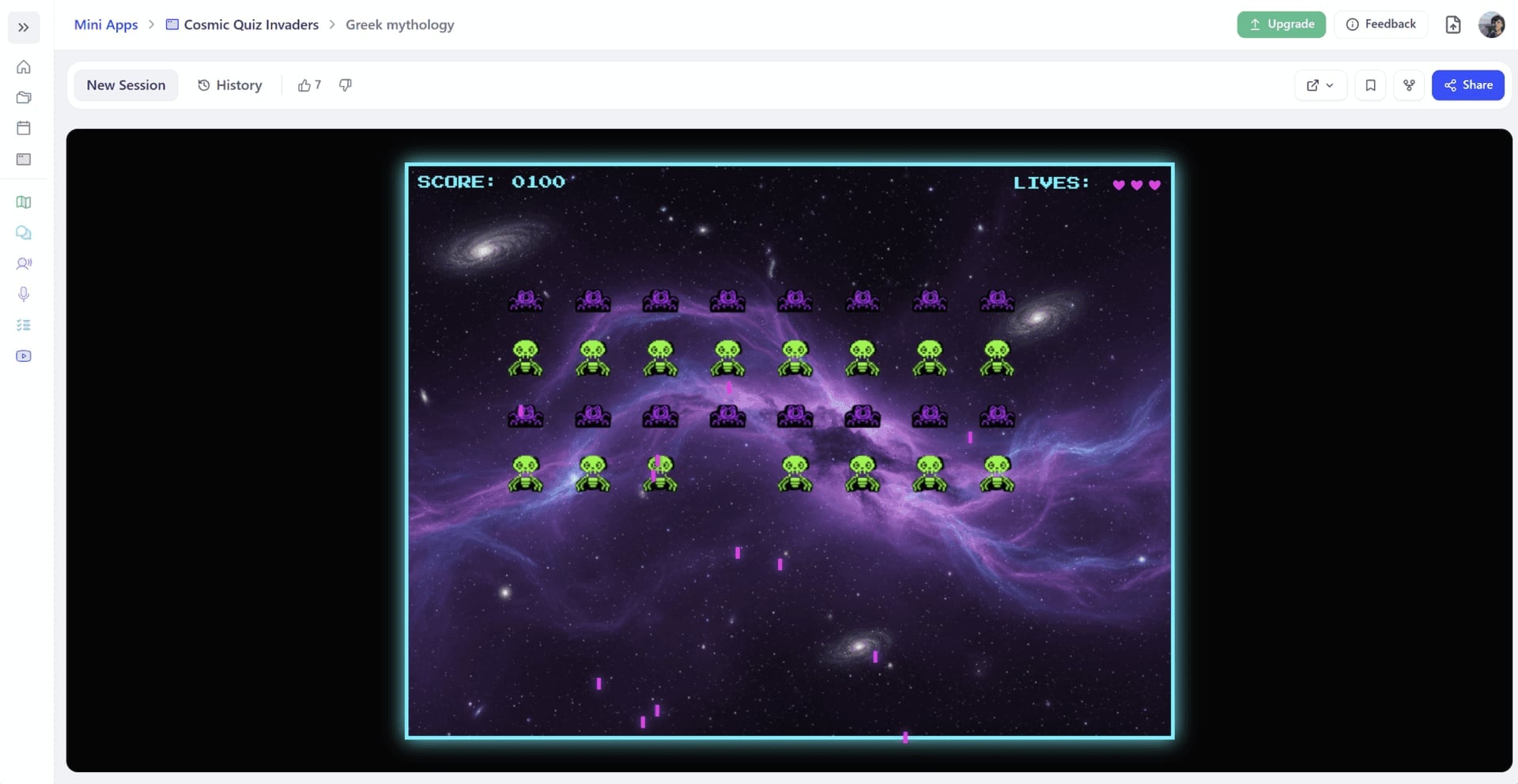 A screenshot of StudyFetch's Space Invaders clone, Cosmic Quiz Invaders.