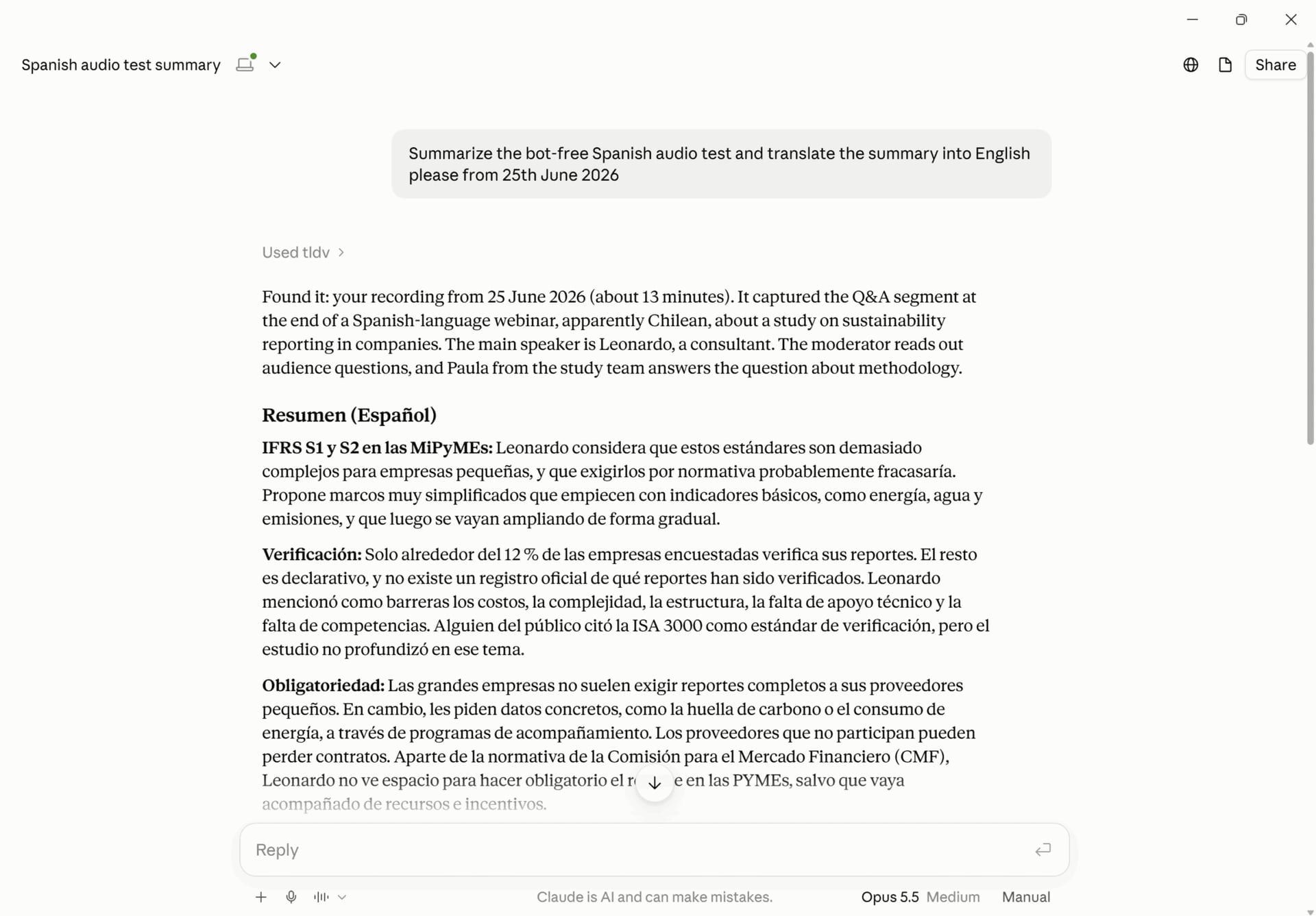Claude summarizing a meeting pulled directly from tl;dv via the tl;dv MCP connector, no Google Drive involved