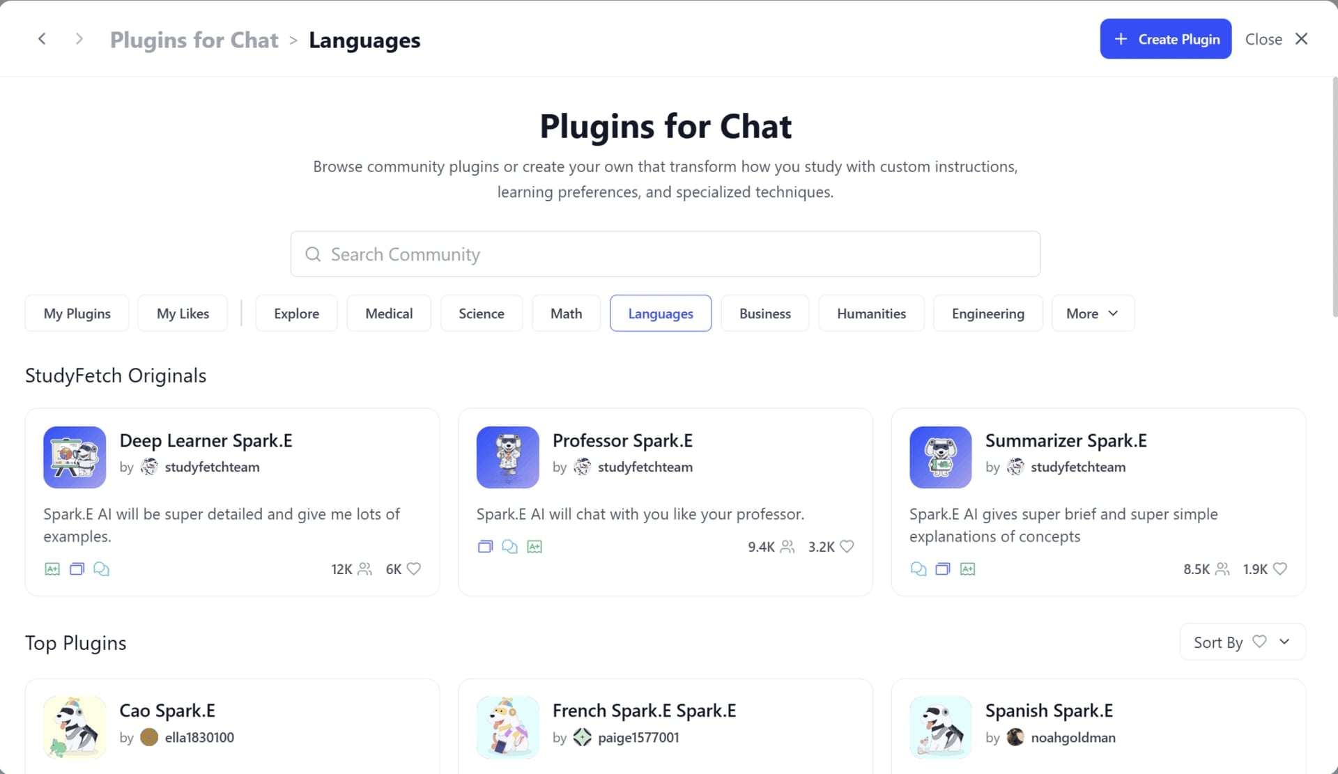 A screenshot of StudyFetch's Chat Plug-ins.