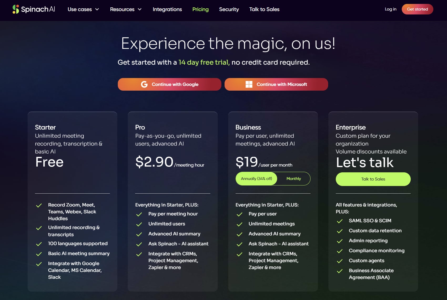 A screenshot of Spinach AI's pricing page