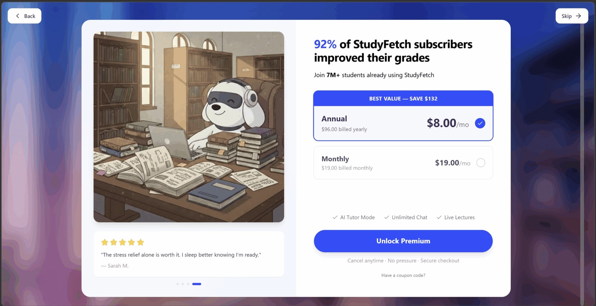 StudyFetch tried to get me to upgrade during the onboarding process.