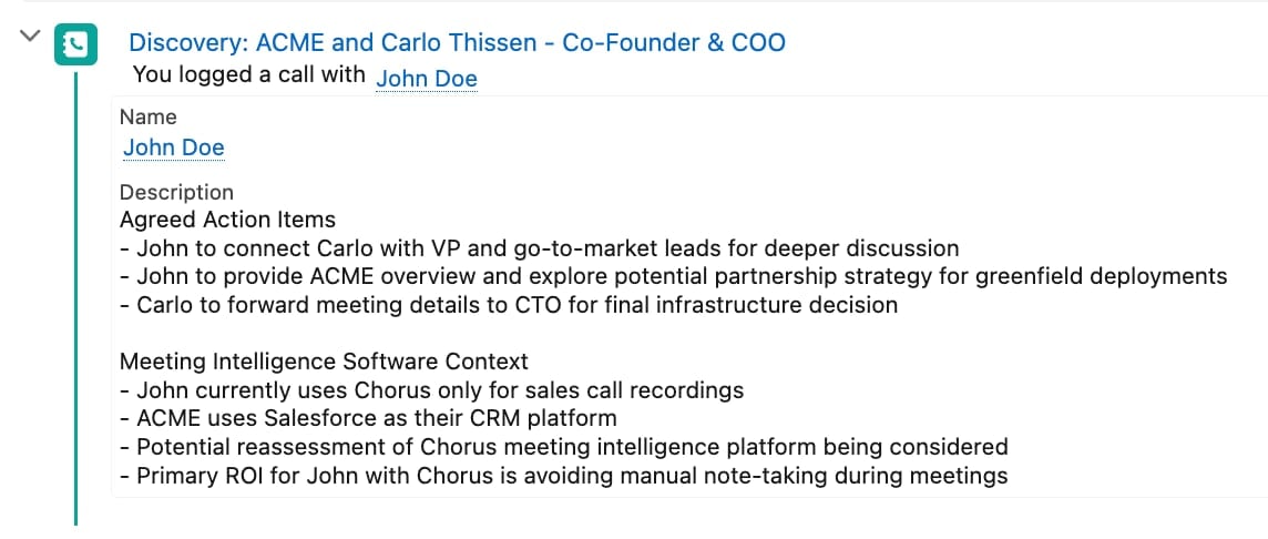 A call's meeting notes synced automatically to Salesforce under the right activity.
