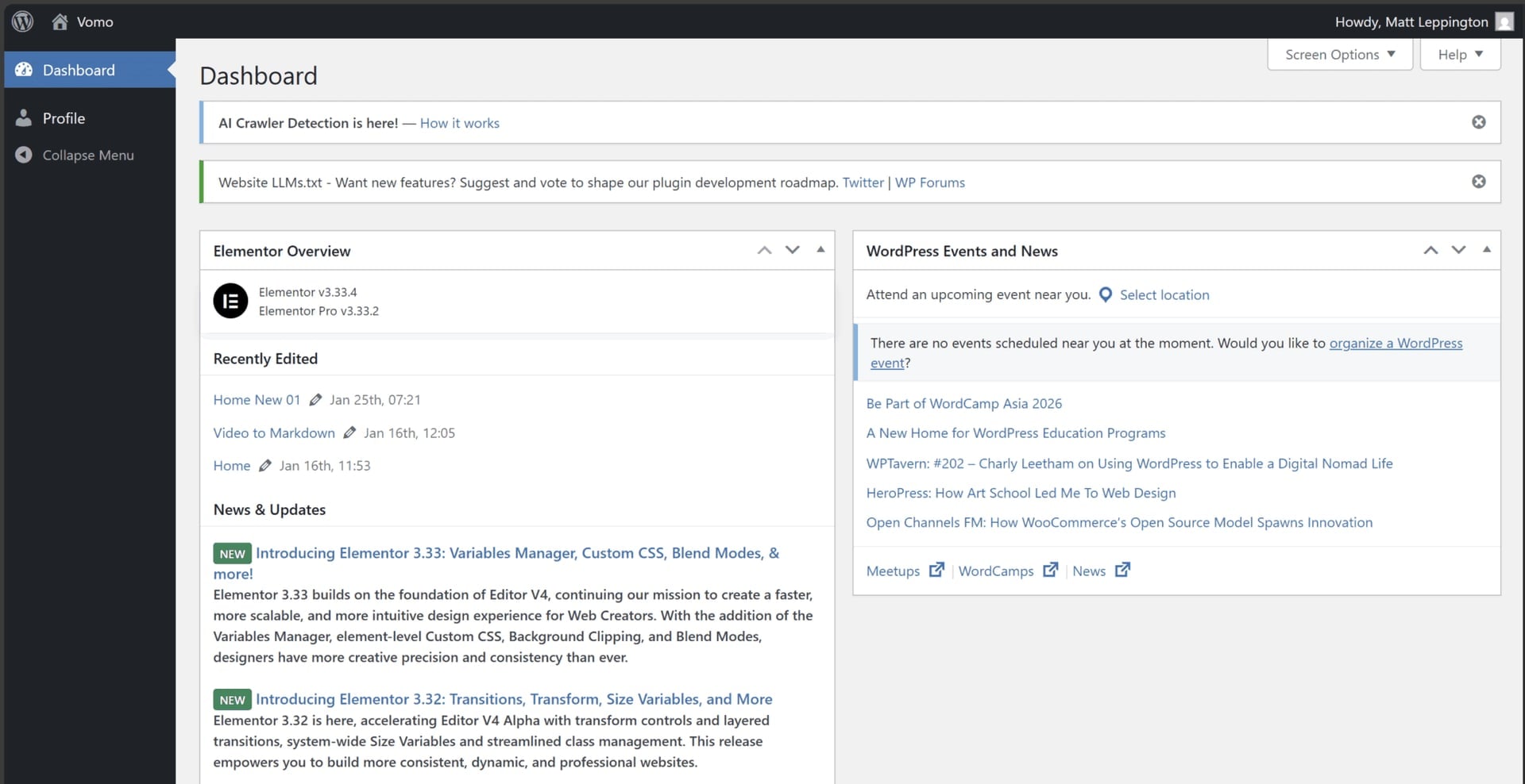 Screenshot of Vomo AI signup bug leading to a WordPress admin panel, highlighting a user experience issue.