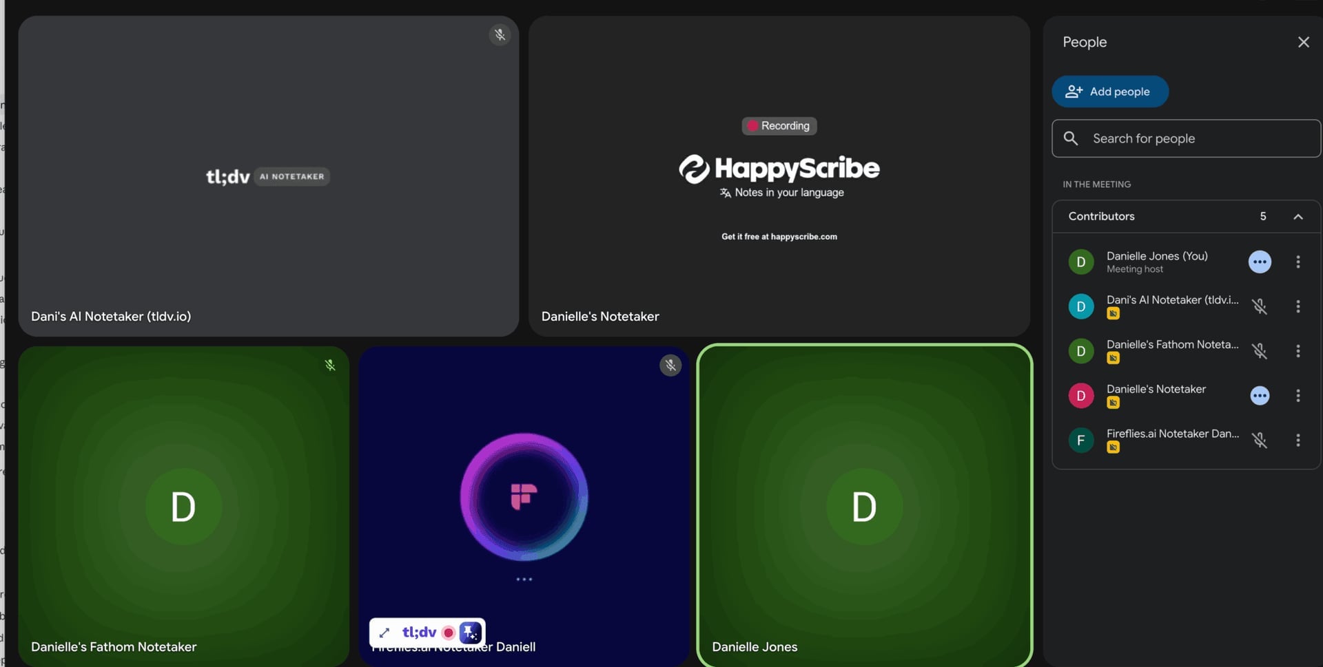 Google Meet call with four AI notetakers recording simultaneously: tl;dv, HappyScribe, Fathom and Fireflies, alongside the meeting host
