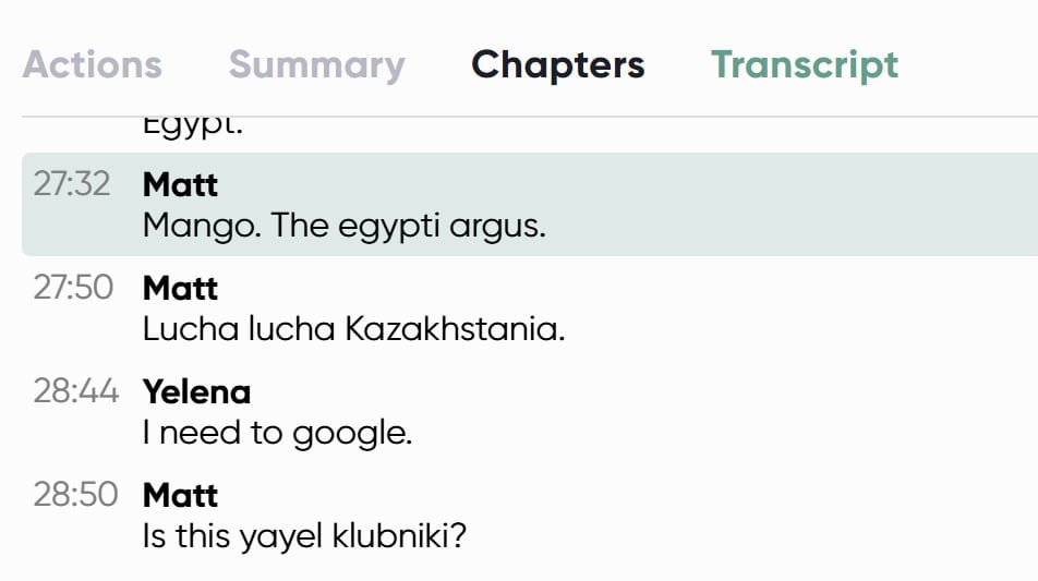 A screenshot of Spinach AI's transcript when it failed to detect a new language.