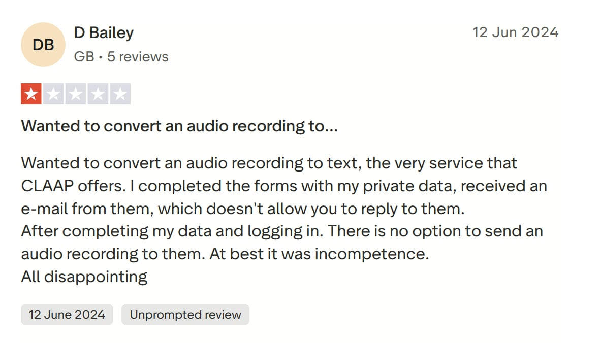 TrustPilot's single Claap review.